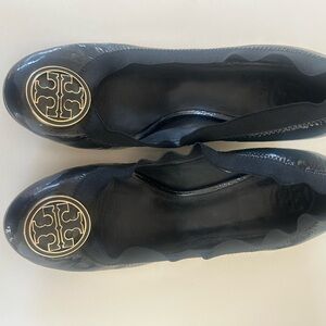 Tory Birch Black Wedge Heels with Gold Logo Accent